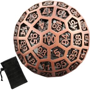 D100-Sided Hollow Metal Giant Dice DND D&D d100-Sided Dice Faucet RPG Polyhedra MTG Pathfinder Game Digital Teaching Dice Accessories Send Black Leather Bag Red Copper