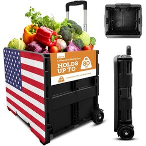 Inspired Living Collapsible Ultra-Slim Pack-N-Roll,2 Wheel Utility Cart w/Lid Used as Seat up to 250 Lbs, Telescopic Handle, Super Strong, for Home,Garden,Shopping,Office,School, Large, Pink & Black