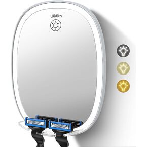 Widitn Shower Mirror Fogless for Shaving with LED, Adjustable Shaving Mirror with Razor Holder, 3 Colors Dimmable Lighting, Wall-Mounted, Shatterproof Anti-Fog Bathroom Shower Mirror for Man