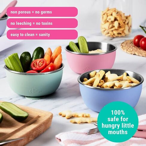 Elk and Friends Stainless Steel Bowls with Silicone Sleeve for Babies & Toddlers | Lids Included | Stay Put Suction | Cereal & Snack Bowls | 4 Pack in Saudi Arabia