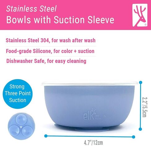 Elk and Friends Stainless Steel Bowls with Silicone Sleeve for Babies & Toddlers | Lids Included | Stay Put Suction | Cereal & Snack Bowls | 4 Pack in Saudi Arabia