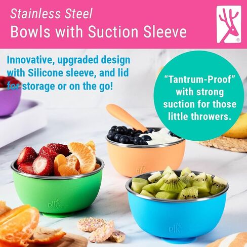 Elk and Friends Stainless Steel Bowls with Silicone Sleeve for Babies & Toddlers | Lids Included | Stay Put Suction | Cereal & Snack Bowls | 4 Pack in Saudi Arabia