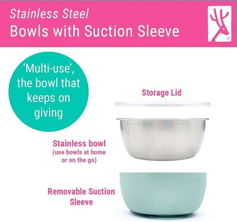 Elk and Friends Stainless Steel Bowls with Silicone Sleeve for Babies & Toddlers | Lids Included | Stay Put Suction | Cereal & Snack Bowls | 4 Pack in Saudi Arabia