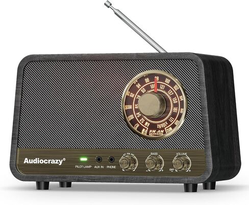 راديو Audiocrazy AM FM راديو قديم على الطاولة مع مكبر صوت بلوتوث، قابس راديو بلمسة نهائية خشبية عتيقة في الحائط للمنزل والمكتب ومدخل Aux، ومقبس سماعة الرأس، والتحكم في الجهير in Kuwait