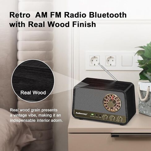 راديو Audiocrazy AM FM راديو قديم على الطاولة مع مكبر صوت بلوتوث، قابس راديو بلمسة نهائية خشبية عتيقة في الحائط للمنزل والمكتب ومدخل Aux، ومقبس سماعة الرأس، والتحكم في الجهير in Kuwait