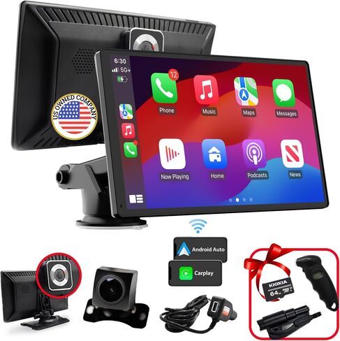 [جديد 2024] جهاز Apple Carplay وAndroid Auto اللاسلكي المحمول | كاميرا داش 4K، شاشة لمس 9 بوصة | ملحقات السيارة ستيريو | كاميرا احتياطية 1080 بكسل | بلوتوث مزدوج، وصلة مرآة لمحول الصوت للسيارة / AUX/FM/GPS in Kuwait