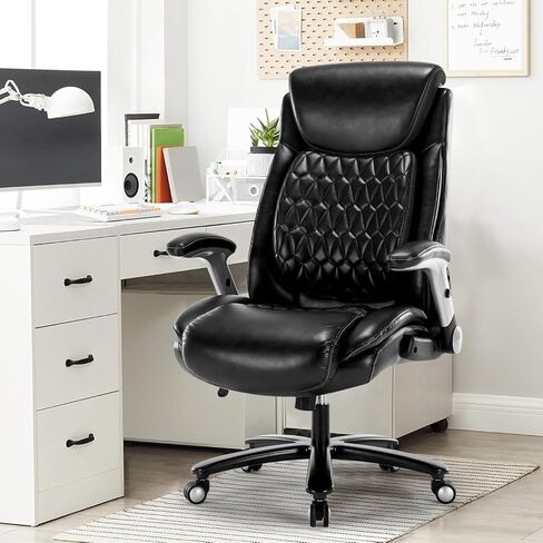 كرسي مكتب تنفيذي كبير وطويل بوزن 400 رطل، كرسي مكتب منزلي فاخر من جلد البولي يوريثان - مقعد قابل للتعديل بارتفاع مسند ذراع مبطن لدعم قطني، كرسي كمبيوتر دوار مريح مع مقعد واسع (بني) in Kuwait