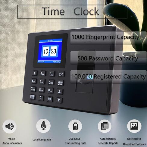 MIKONIYA Time Clock,Attendance Machine ​with Fingerprint,Time Clocks for Employees Small Business,Password Punching in One,2.4 inch TFT Color Screen,with 16G U-Disk in Kuwait