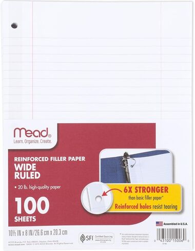 Mead Loose Leaf Paper, Notebook Paper, Wide Ruled Filler Paper, Standard, 8 x 10.5, 200 Sheets (15200) White in Saudi Arabia
