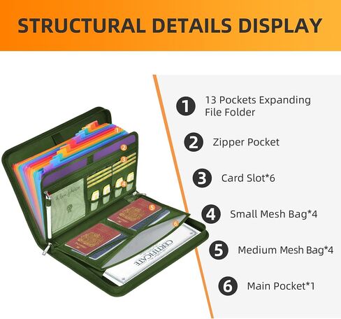 JUNDUN Accordion File Organizer - Fireproof Accordion Folder with Zipper & Labels - 13 Pocket Expanding File Folder with Multi-Pockets Document Organizer Folder for Letter A4 Files | Receipt and More in Saudi Arabia