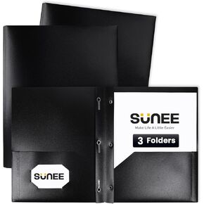 SUNEE 2 Pocket Folders with Prongs (3 Pack, Black) Plastic Folders with Pockets and Prongs Fit Letter Size, Poly Folders with Pockets for School Office Home Business