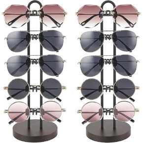 Mkono Sunglasses Organizer Glasses Holder Stand Sunglass Storage Eyeglasses Rack Metal Frame with Wood Base for 5 Pairs of Eyewear Display for Table Desk Countertop Dresser Bedroom