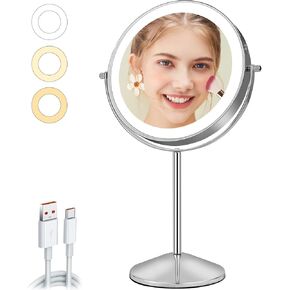 AumVum 8" Makeup Mirror with Lights, Vanity Mirror with 1X/10X Magnification Double Sided Touch Screen 3 Colors Dimmable 54 LED Lights Brightness Adjustable 360° Rotation for Desk