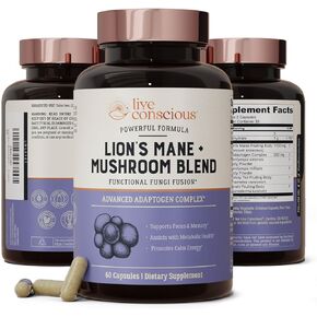 Live Conscious Lions Mane Mushroom Supplement Capsules for Brain Support w/Functional Mushrooms: Lion's Mane, Cordyceps, Reishi, and Turkey Tail Mushrooms - Cognitive Memory Supplement for Brain