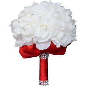 KOLACEN Wedding Bouquets for Bride, Bridal Flowers for Wedding, Bride Bridesmaid Hand Flowers Bridal Bouquet Crystal Diamond Silk Roses, Artificial Flowers Bouquet for Church Wedding Party (White)