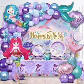 PARTY SPOT!112 PCS Little Mermaid Party Decorations,Girls Mermaid Balloon Garland with Background Cloth,Tablecloth Mermaid Tail Balloon,Tassel Curtain Birthday Decorations