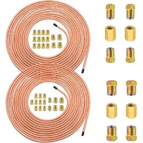 smseace 2Sets 25Ft. 1/4" Brake Line Tubing Kit with Brake Line Fittings(Includes 32pcs Fittings and 4pcs Unions+8pcs Nuts) Copper-coat Brake Lines