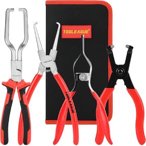 TOOLEAGUE 4Pcs Fuel Line Pliers Set, Hose Remover, 9" Fuel Filter Caliper, Hose Pipe Clamp Clip, 80 Degree Disconnect Pliers Set for Auto Maintenance with Storage Case