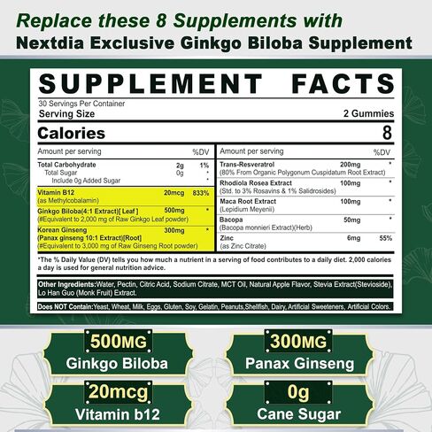 Ginkgo Biloba 500mg + Panax Ginseng Gummies, w/Vitamin B12, Rhodiola Rosea, Resveratrol, Maca Root, Bacopa - Brain Supplement for Memory, Focus & Cognitive, Energy & Stamina Performance, Mood 2 Packs in Saudi Arabia