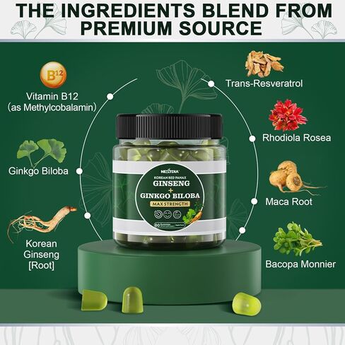 Ginkgo Biloba 500mg + Panax Ginseng Gummies, w/Vitamin B12, Rhodiola Rosea, Resveratrol, Maca Root, Bacopa - Brain Supplement for Memory, Focus & Cognitive, Energy & Stamina Performance, Mood 2 Packs in Saudi Arabia