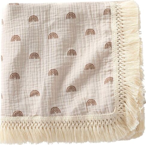 تشونجل بطانية موسلين للاطفال من القطن مقاس 40 انش × 47 انش، بطانية استقبال المولود مع شراشيب، بطانية تقميط بوهو موسلين مع نباتات خضراء بشراشيب in Kuwait