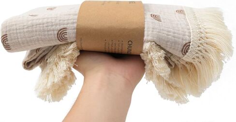 تشونجل بطانية موسلين للاطفال من القطن مقاس 40 انش × 47 انش، بطانية استقبال المولود مع شراشيب، بطانية تقميط بوهو موسلين مع نباتات خضراء بشراشيب in Kuwait