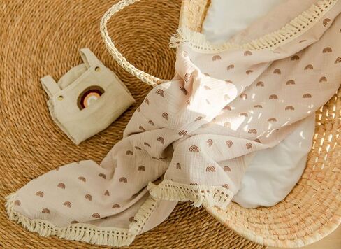 تشونجل بطانية موسلين للاطفال من القطن مقاس 40 انش × 47 انش، بطانية استقبال المولود مع شراشيب، بطانية تقميط بوهو موسلين مع نباتات خضراء بشراشيب in Kuwait