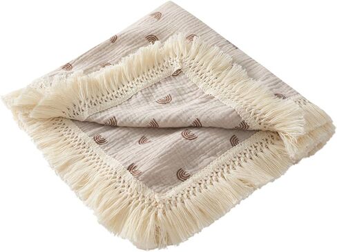 تشونجل بطانية موسلين للاطفال من القطن مقاس 40 انش × 47 انش، بطانية استقبال المولود مع شراشيب، بطانية تقميط بوهو موسلين مع نباتات خضراء بشراشيب in Kuwait