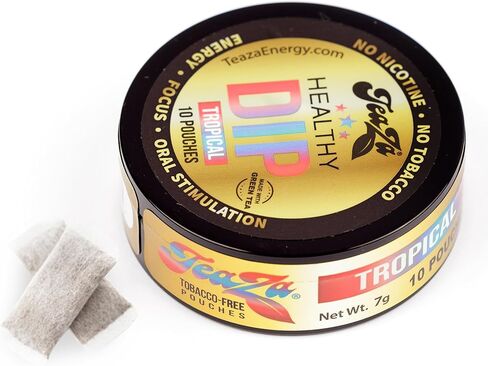 TeaZA Energy Pouches - Tobacco Free Chew Nicotine Free, Smokeless Alternative Snuff and Healthy Chewing Dipping Tobacco Alternative with Fruit Flavors Pineapple Mango Citrus (Tropical - 12 Pack) in Kuwait