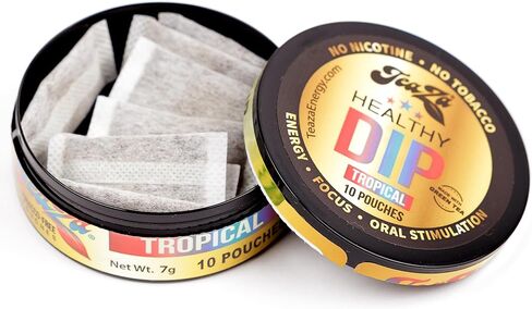 TeaZA Energy Pouches - Tobacco Free Chew Nicotine Free, Smokeless Alternative Snuff and Healthy Chewing Dipping Tobacco Alternative with Fruit Flavors Pineapple Mango Citrus (Tropical - 12 Pack) in Kuwait