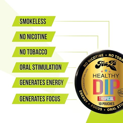 TeaZA Energy Pouches - Tobacco Free Chew Nicotine Free, Smokeless Alternative Snuff and Healthy Chewing Dipping Tobacco Alternative with Fruit Flavors Pineapple Mango Citrus (Tropical - 12 Pack) in Kuwait