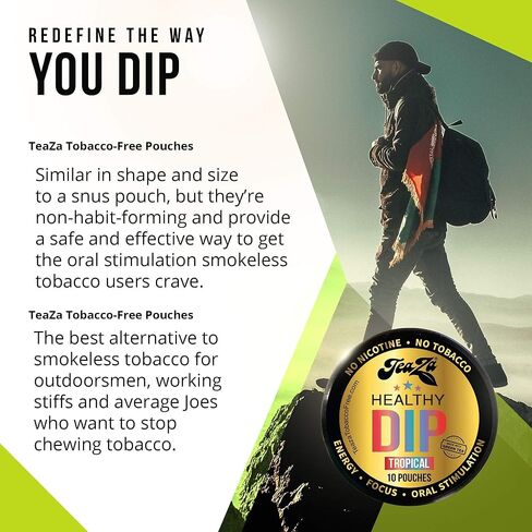 TeaZA Energy Pouches - Tobacco Free Chew Nicotine Free, Smokeless Alternative Snuff and Healthy Chewing Dipping Tobacco Alternative with Fruit Flavors Pineapple Mango Citrus (Tropical - 12 Pack) in Kuwait