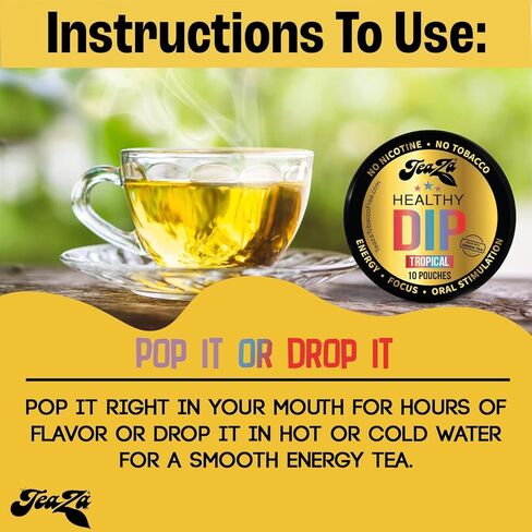 TeaZA Energy Pouches - Tobacco Free Chew Nicotine Free, Smokeless Alternative Snuff and Healthy Chewing Dipping Tobacco Alternative with Fruit Flavors Pineapple Mango Citrus (Tropical - 12 Pack) in Kuwait