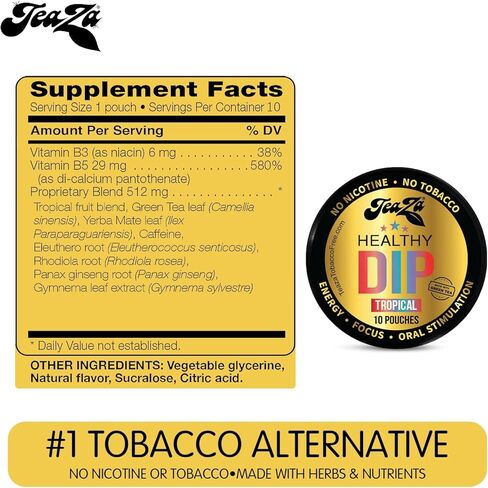 TeaZA Energy Pouches - Tobacco Free Chew Nicotine Free, Smokeless Alternative Snuff and Healthy Chewing Dipping Tobacco Alternative with Fruit Flavors Pineapple Mango Citrus (Tropical - 12 Pack) in Kuwait