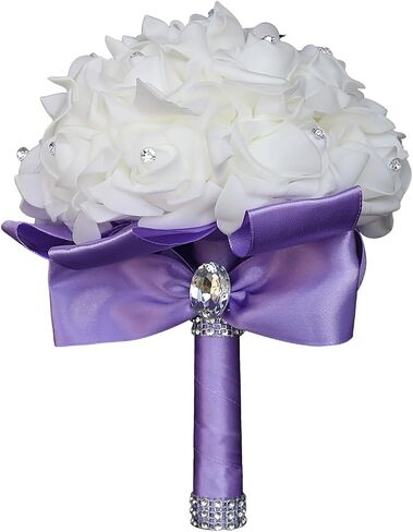 KOLACEN Wedding Bouquets for Bride, Bridal Flowers for Wedding, Bride Bridesmaid Hand Flowers Bridal Bouquet Crystal Diamond Silk Roses, Artificial Flowers Bouquet for Church Wedding Party (White) in Kuwait