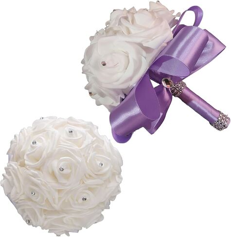 KOLACEN Wedding Bouquets for Bride, Bridal Flowers for Wedding, Bride Bridesmaid Hand Flowers Bridal Bouquet Crystal Diamond Silk Roses, Artificial Flowers Bouquet for Church Wedding Party (White) in Kuwait