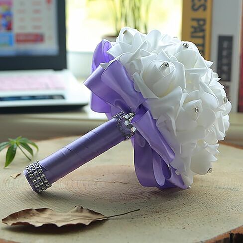 KOLACEN Wedding Bouquets for Bride, Bridal Flowers for Wedding, Bride Bridesmaid Hand Flowers Bridal Bouquet Crystal Diamond Silk Roses, Artificial Flowers Bouquet for Church Wedding Party (White) in Kuwait