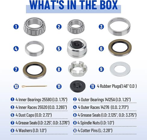 4 Sets 25580 14125A Boat Trailer Axles Bearing Kits, Grease Seals,Spindle Nuts, 2.72" Dust Caps and Rubber Plugs, Cotter Pins, Washers for 5200-7000 lb.Tandem Axles #D42 Spindle in Kuwait