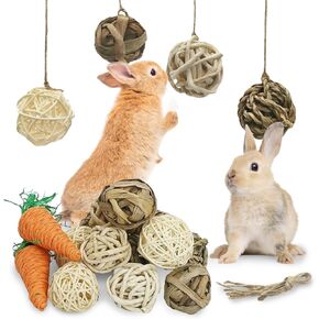 kathson 12 Pack Natural Bunny Chew Balls Small Animal Activity Toys Rabbit Play Ball Rolling Toy Gnawing Treats Timothy Grass Balls for Guinea Pigs Chinchilla Pet Cage Entertainment