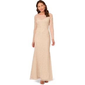 Adrianna Papell Women's Beaded Long Sleeve Gown, Candied Ginger, 8 in Kuwait