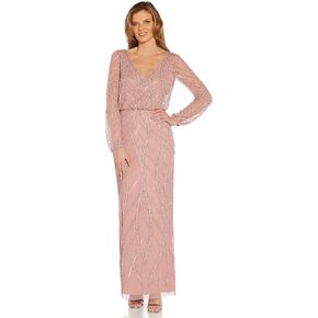 Adrianna Papell Women's Beaded Long Sleeve Gown, Candied Ginger, 8