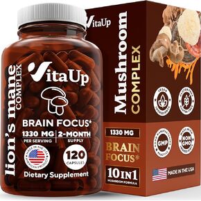 VitaUp Lions Mane Supplement Capsules - USA Made Mushroom Supplement Capsules 1330mg - Lion's Mane Mushroom Complex - Brain Supplement for Memory & Focus - 120 Count