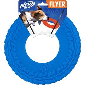 Nerf Dog 5-Piece Dog Toy Gift Set, Includes 2.5in Squeak Tennis Ball 3-Pack, 10in Translucent TPR Tire Flyer, and 10in TPR Tire Flyer, Nerf Tough Material, Green and Blue