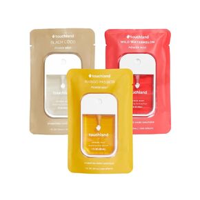 Touchland Power Mist Hydrating Hand Sanitizer Spray, TROPICAL 3-PACK (Mango Passion + Beach Coco + Watermelon), 500-Sprays each, 1FL OZ (Set of 3)