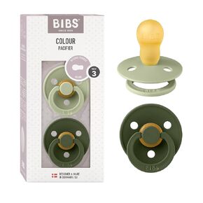 BIBS Colour Baby Pacifier 2-Pack | Made in Denmark | BPA Free Dummy Soother, Round Nipple. Natural Rubber Latex, Size 3 (18+ Months), Sage/Hunter Green