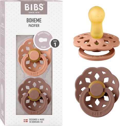 Bibs Boheme Natural Rubber Latex Round Pacifier Size 1-0-6M 2-Pack - Ivory/Blossom in Kuwait