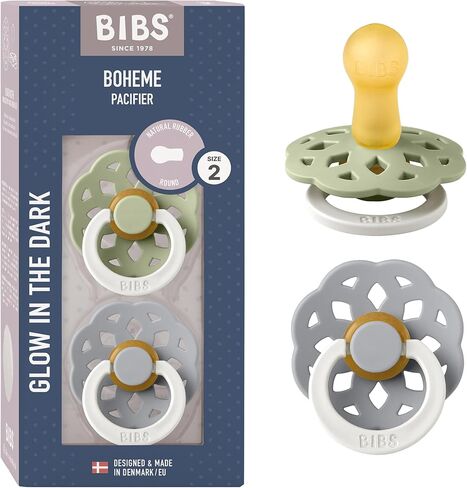 Bibs Boheme Natural Rubber Latex Round Pacifier Size 1-0-6M 2-Pack - Ivory/Blossom in Kuwait