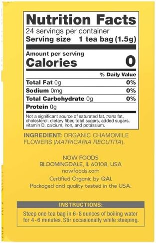 NOW Foods, Chamomile Tea, Comfort in a Cup, Relaxing and Caffeine-Free, Non-GMO, Premium Unbleached Tea Bags with No-Staples Design, 24-Count in Saudi Arabia