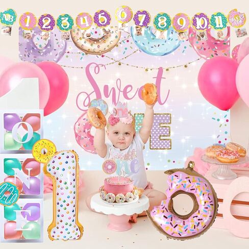 121 قطعة من ديكورات حفلات عيد الميلاد الجميلة، ديكورات الحفلات الأولى من Hombae Donut للفتيات بخلفية بالون إكليل شهري، صورة للكرسي العالي، لافتة علوية للكيك، ملصق مقطوع على شكل تاج باتيل ملون in Kuwait