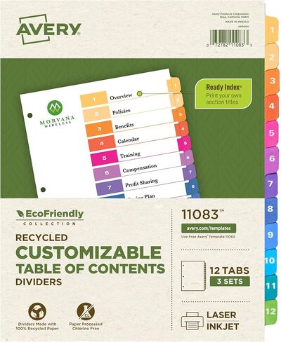 Avery Eco-Friendly 12 Tab Dividers for 3 Ring Binders, Customizable Table of Contents, 3 Sets (11083) in Kuwait